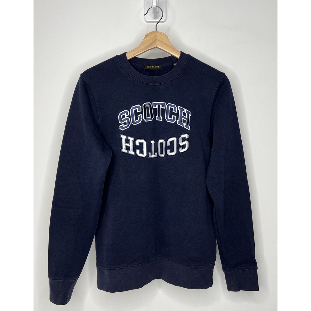 Scotch & Soda Sweater Mens Small Blue Crewneck Embroidered Spell Out Pullover